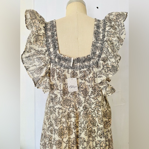 FREE PEOPLE BONITA MIDI DRESS FLORAL TEA COMBO BLUSH BEIGE BLACK L NWT - Picture 10 of 12